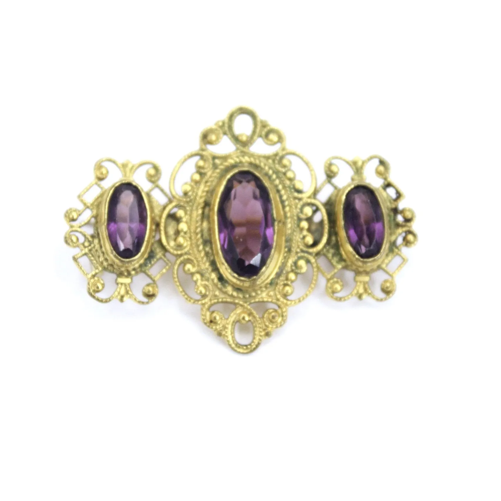 Victorian Neck Brooch 3 Amethyst Stones Bezel Set Ornate Gold Wash Setting 1 3/4"