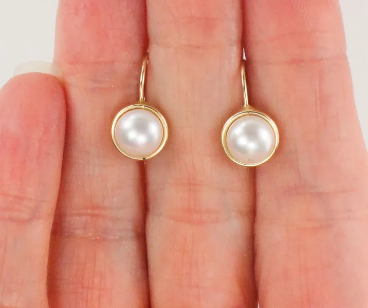 Vintage 14k Yellow Gold Button Pearl Earrings with Lever Backs, Bridal Earrings