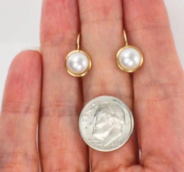 Vintage 14k Yellow Gold Button Pearl Earrings with Lever Backs, Bridal Earrings