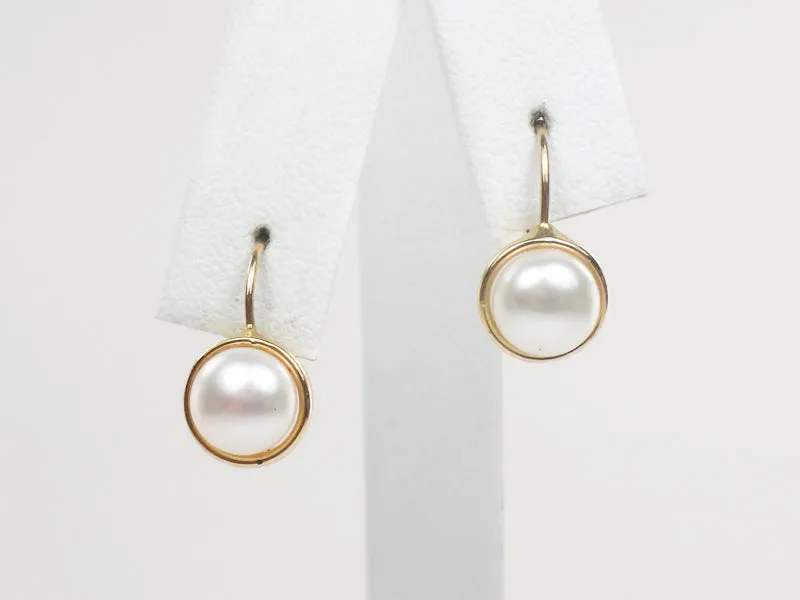 Vintage 14k Yellow Gold Button Pearl Earrings with Lever Backs, Bridal Earrings