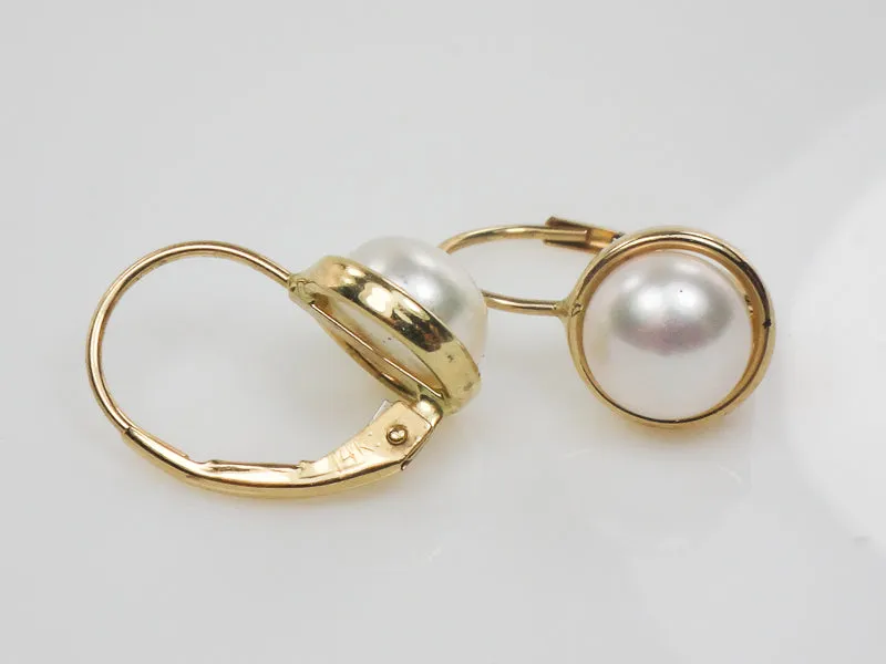 Vintage 14k Yellow Gold Button Pearl Earrings with Lever Backs, Bridal Earrings