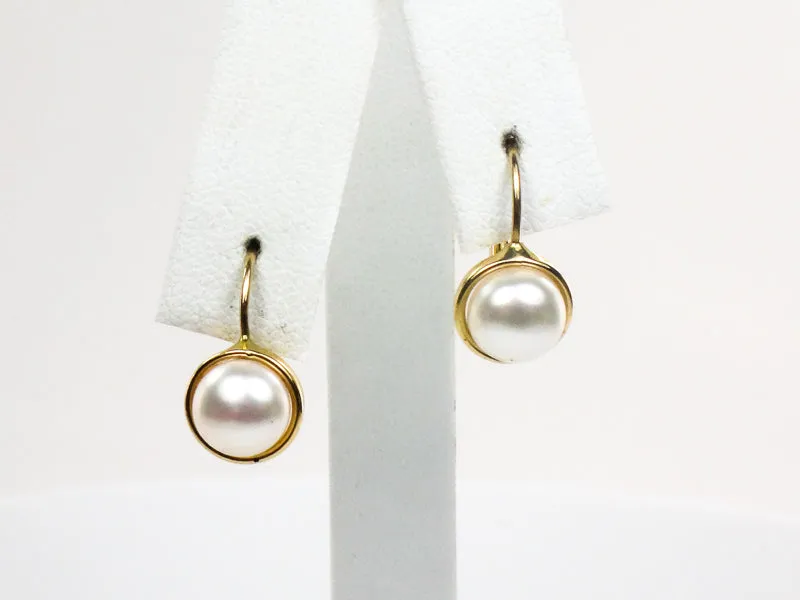 Vintage 14k Yellow Gold Button Pearl Earrings with Lever Backs, Bridal Earrings