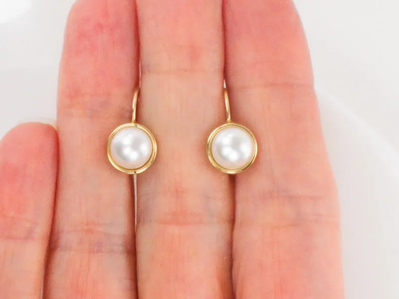 Vintage 14k Yellow Gold Button Pearl Earrings with Lever Backs, Bridal Earrings