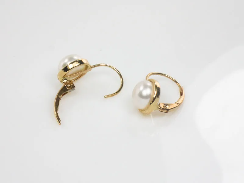 Vintage 14k Yellow Gold Button Pearl Earrings with Lever Backs, Bridal Earrings