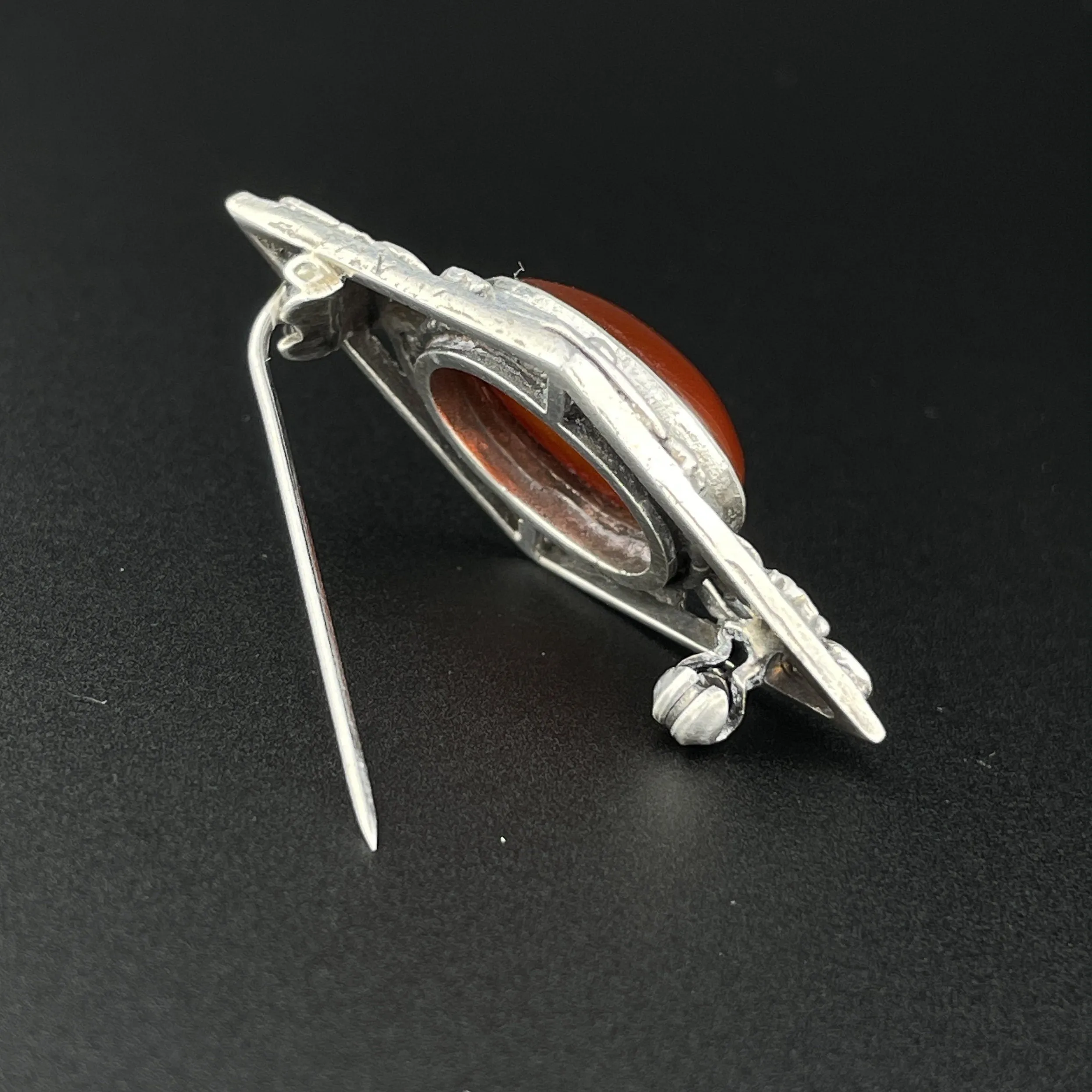 Vintage Arts and Crafts Silver Carnelian Leaf Brooch