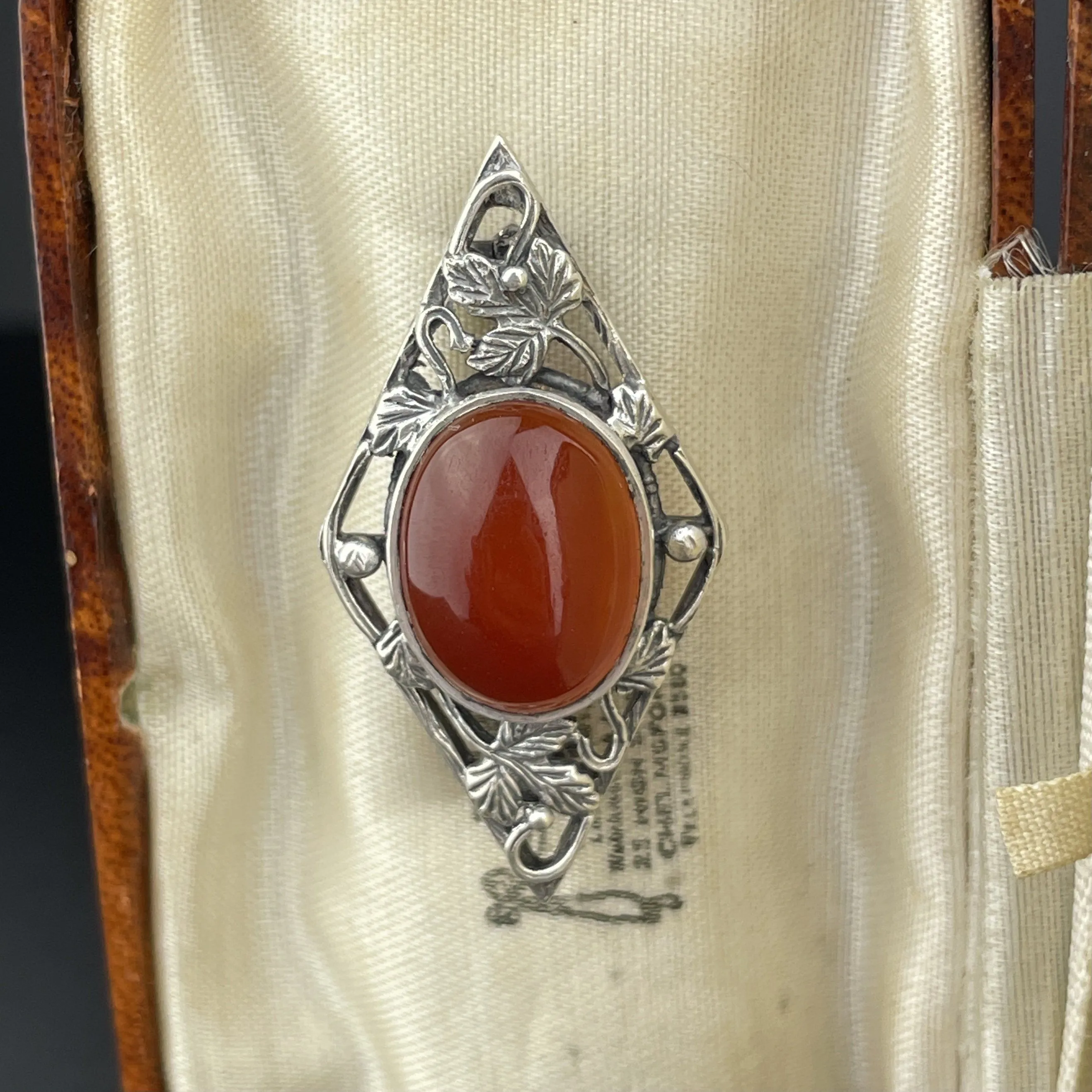 Vintage Arts and Crafts Silver Carnelian Leaf Brooch