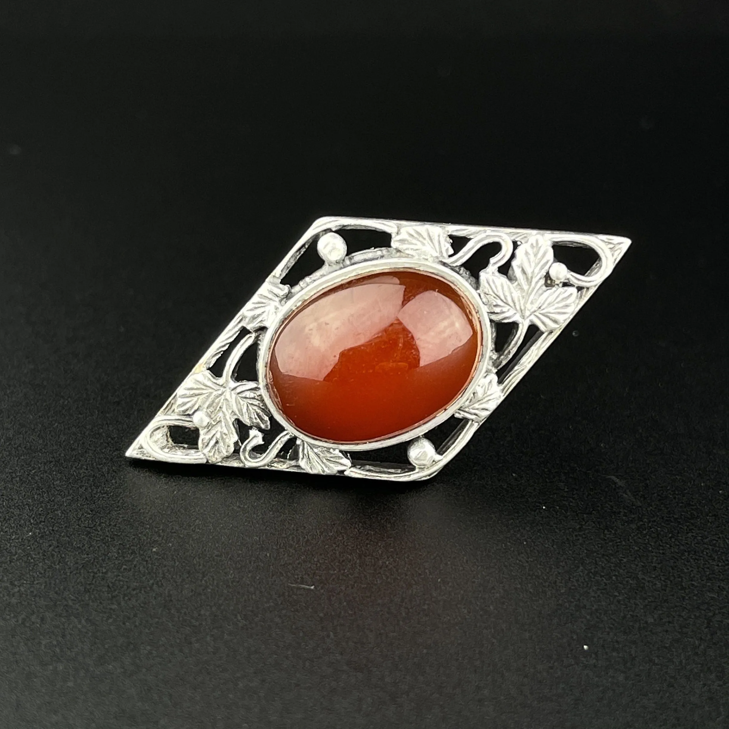 Vintage Arts and Crafts Silver Carnelian Leaf Brooch