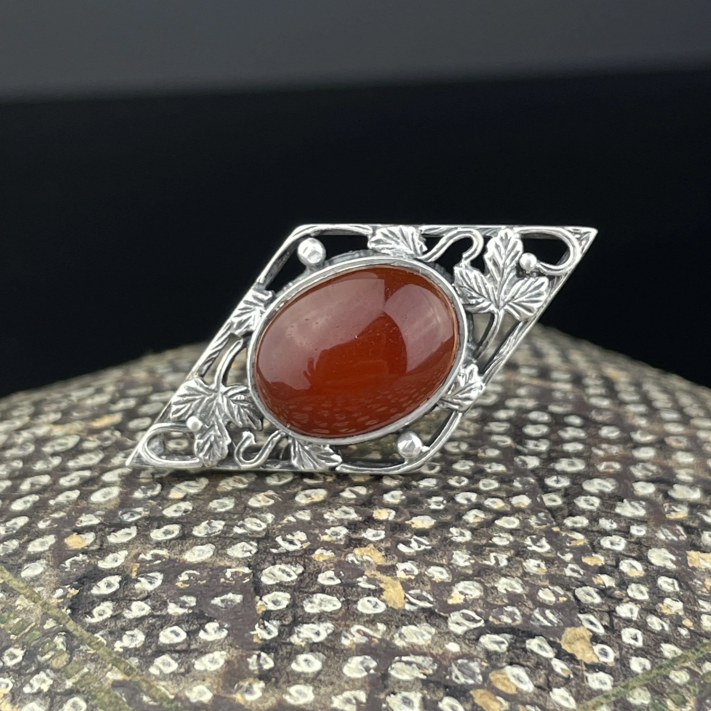 Vintage Arts and Crafts Silver Carnelian Leaf Brooch