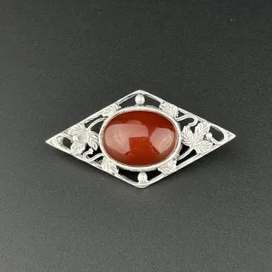 Vintage Arts and Crafts Silver Carnelian Leaf Brooch