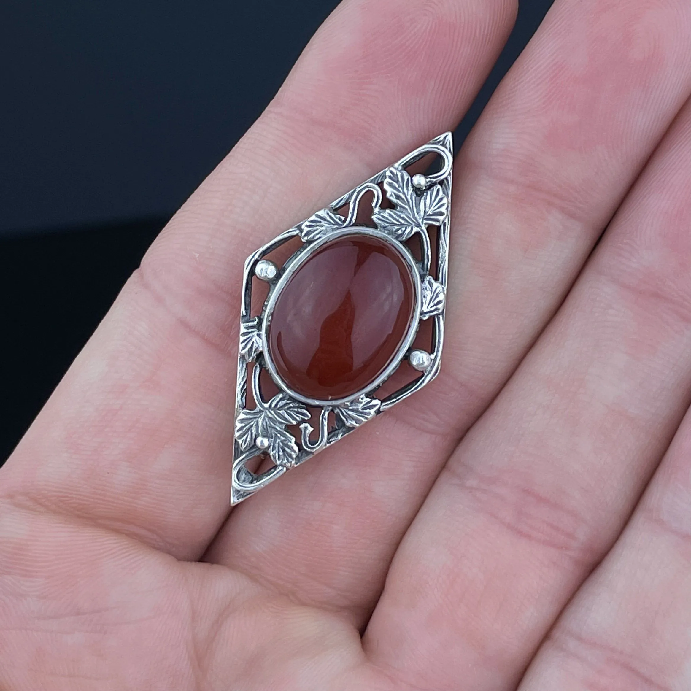 Vintage Arts and Crafts Silver Carnelian Leaf Brooch