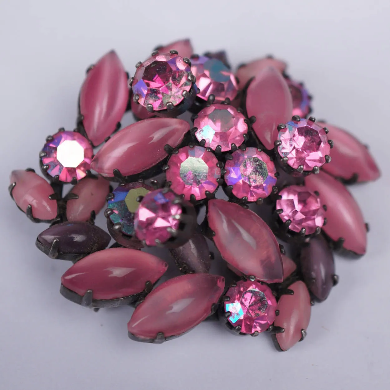 Vintage Austrian Rhinestone Brooch Pink &amp; Purple Navettes Signed Austria 1950s