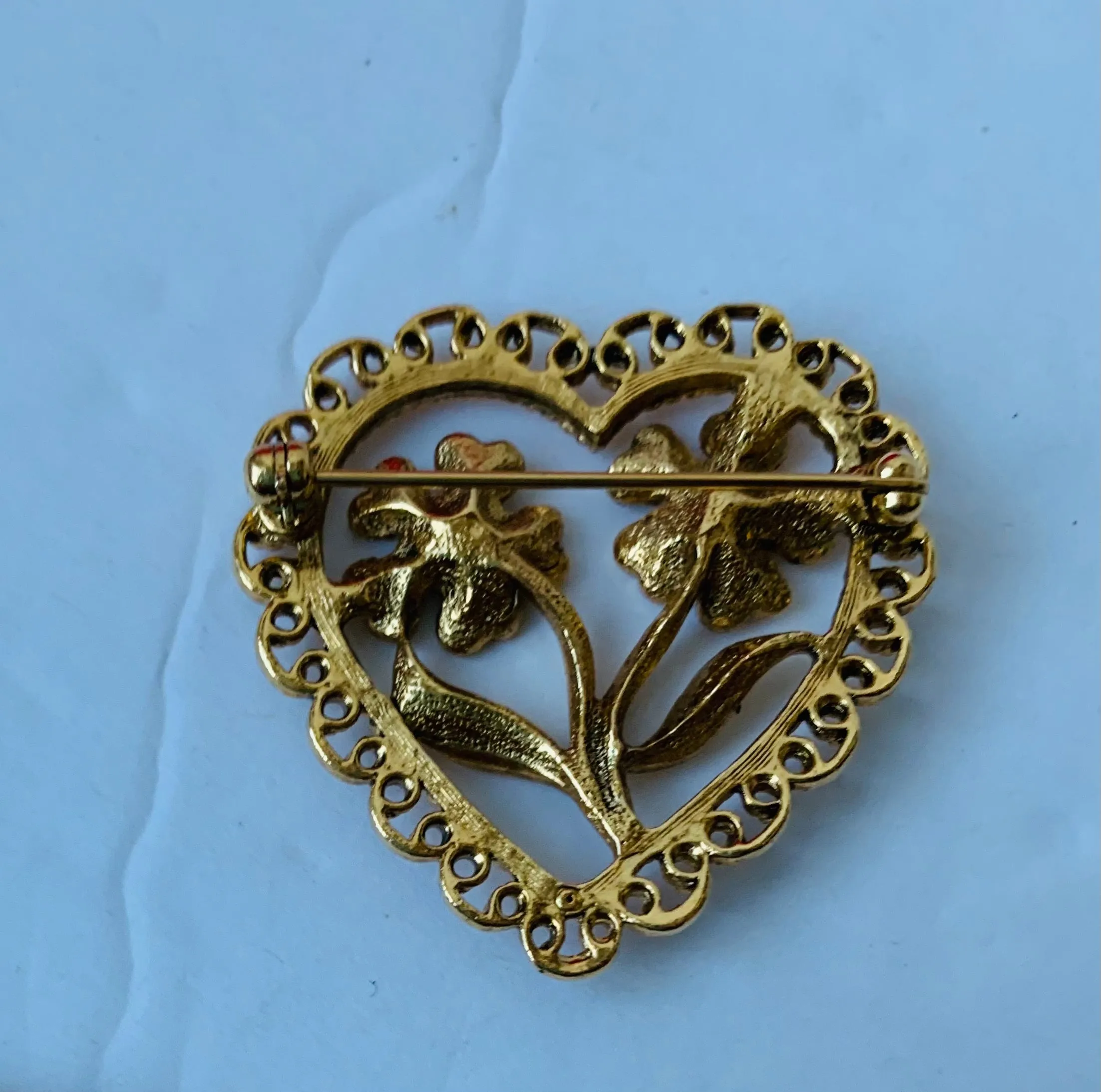 Vintage Avon Open Heart Filigree Floral Brooch/Pin With Faux Pearls