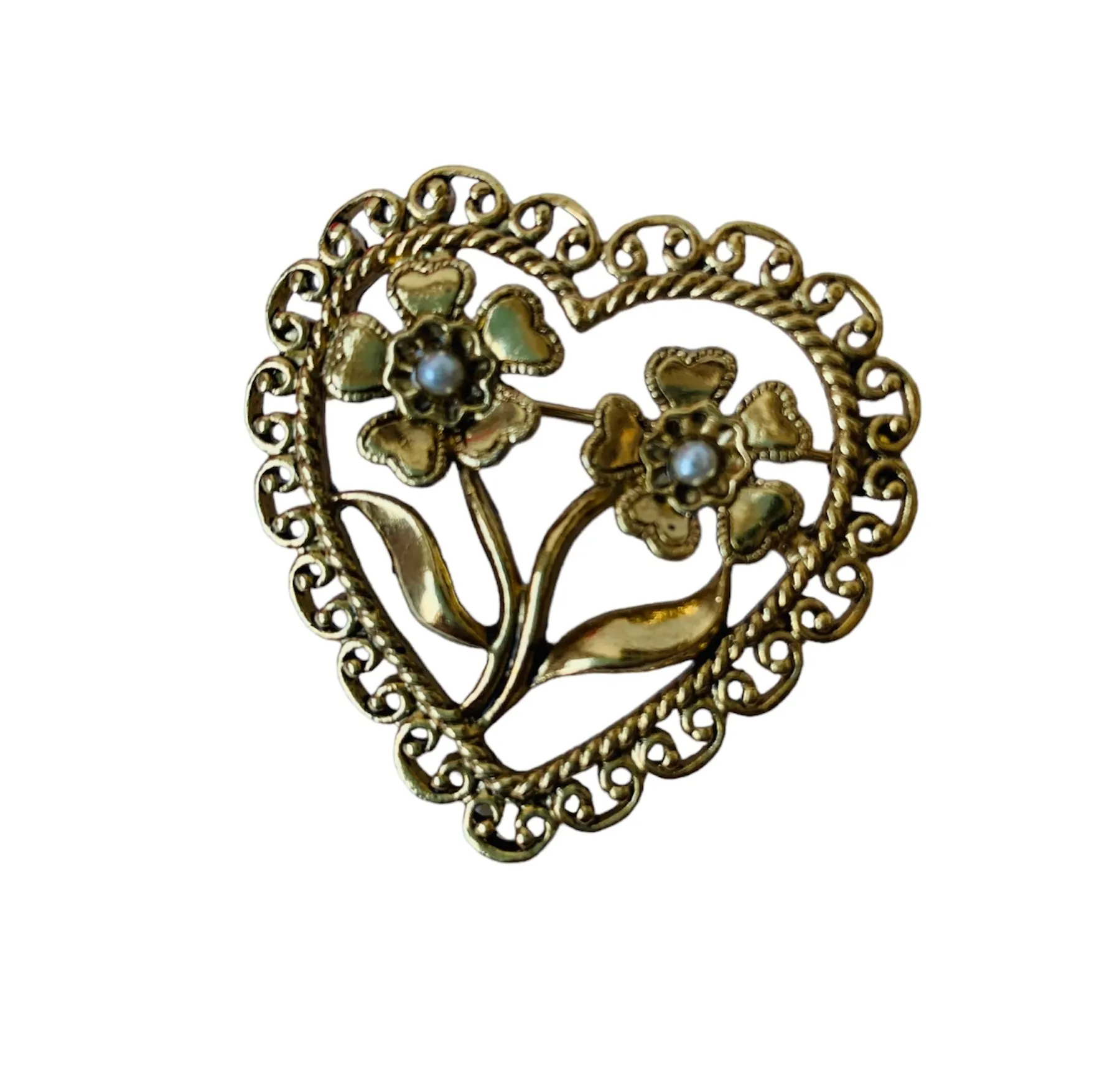 Vintage Avon Open Heart Filigree Floral Brooch/Pin With Faux Pearls