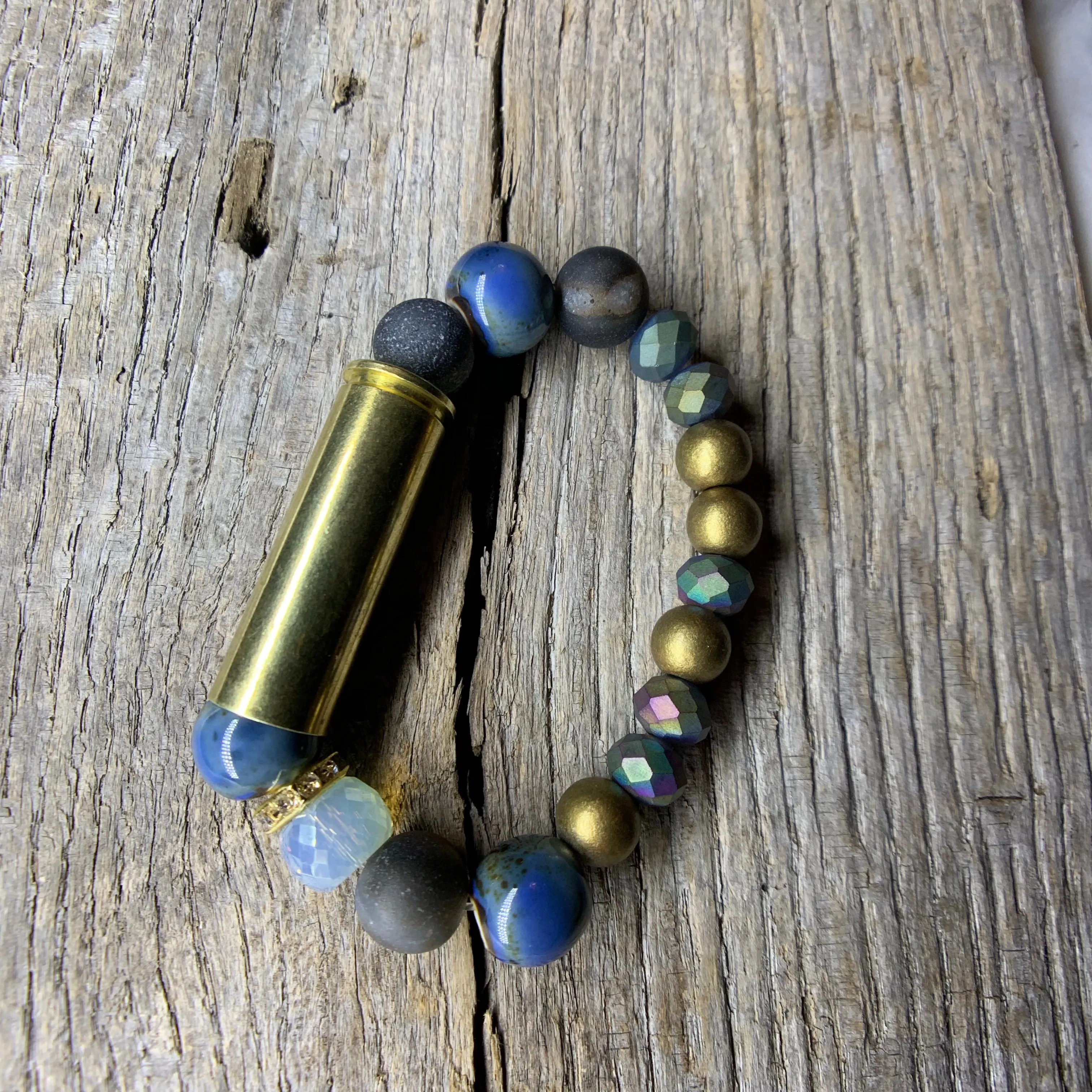 Vintage Brass Bullet Casing & Agate & Stone Beaded Bracelet