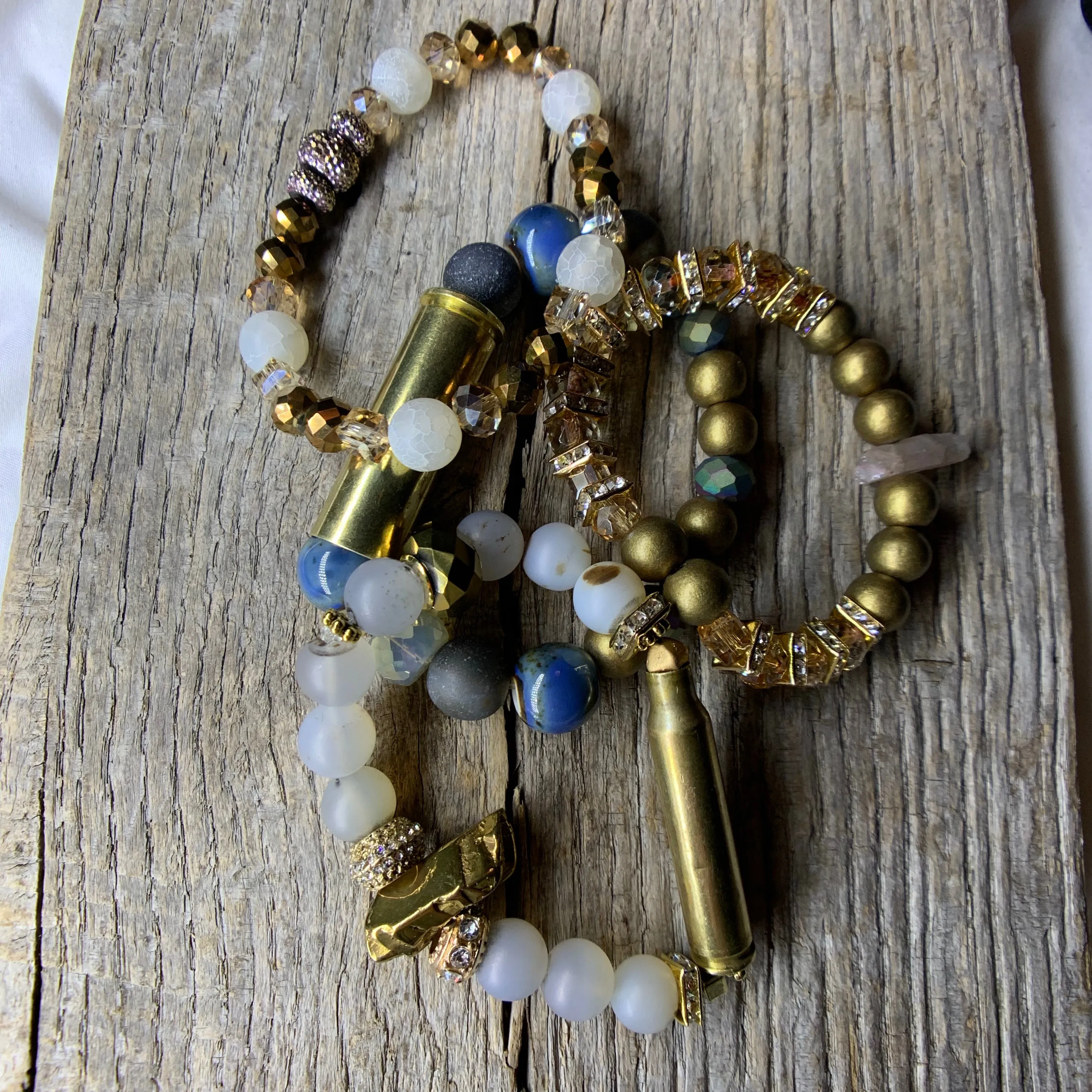 Vintage Brass Bullet Casing & Agate & Stone Beaded Bracelet