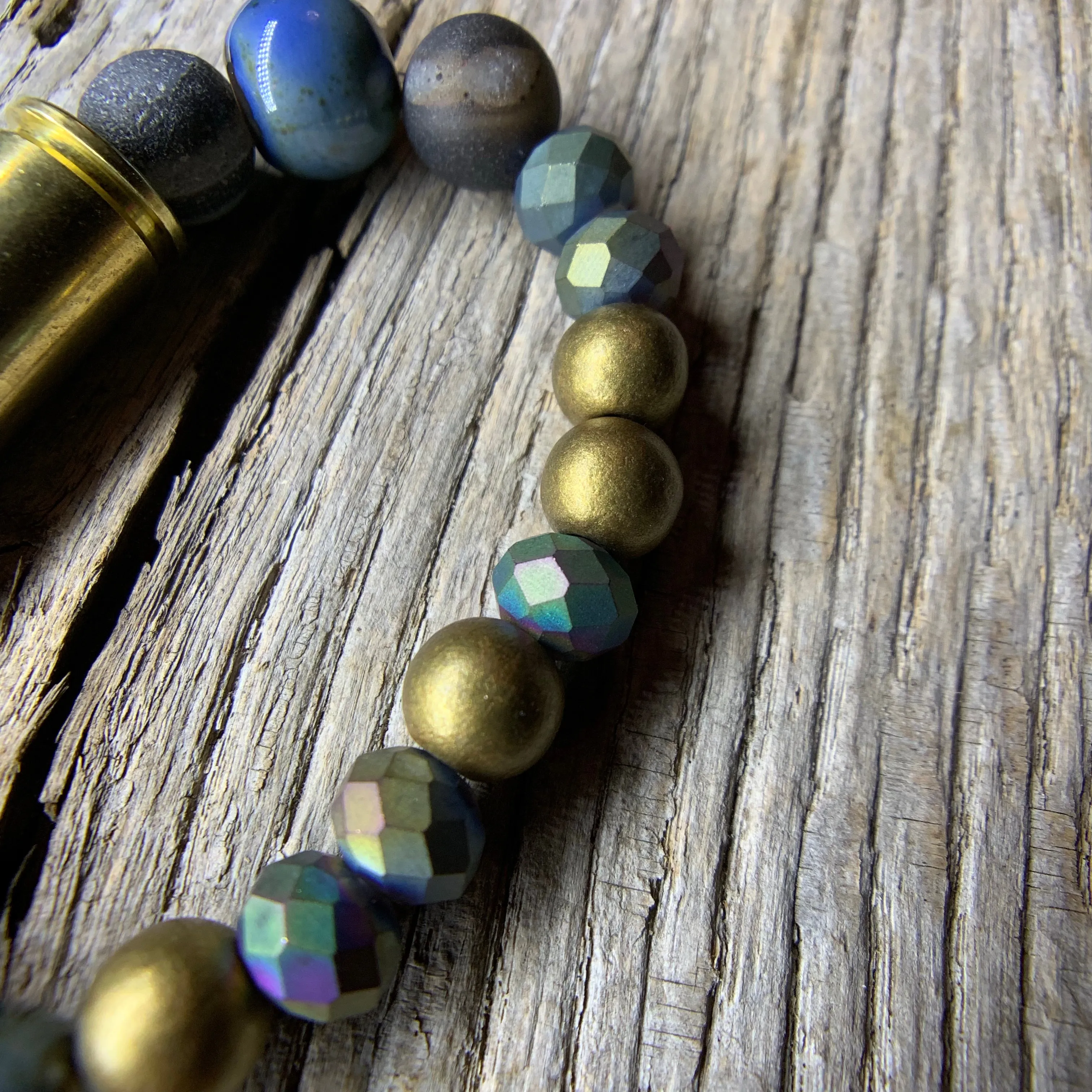 Vintage Brass Bullet Casing & Agate & Stone Beaded Bracelet