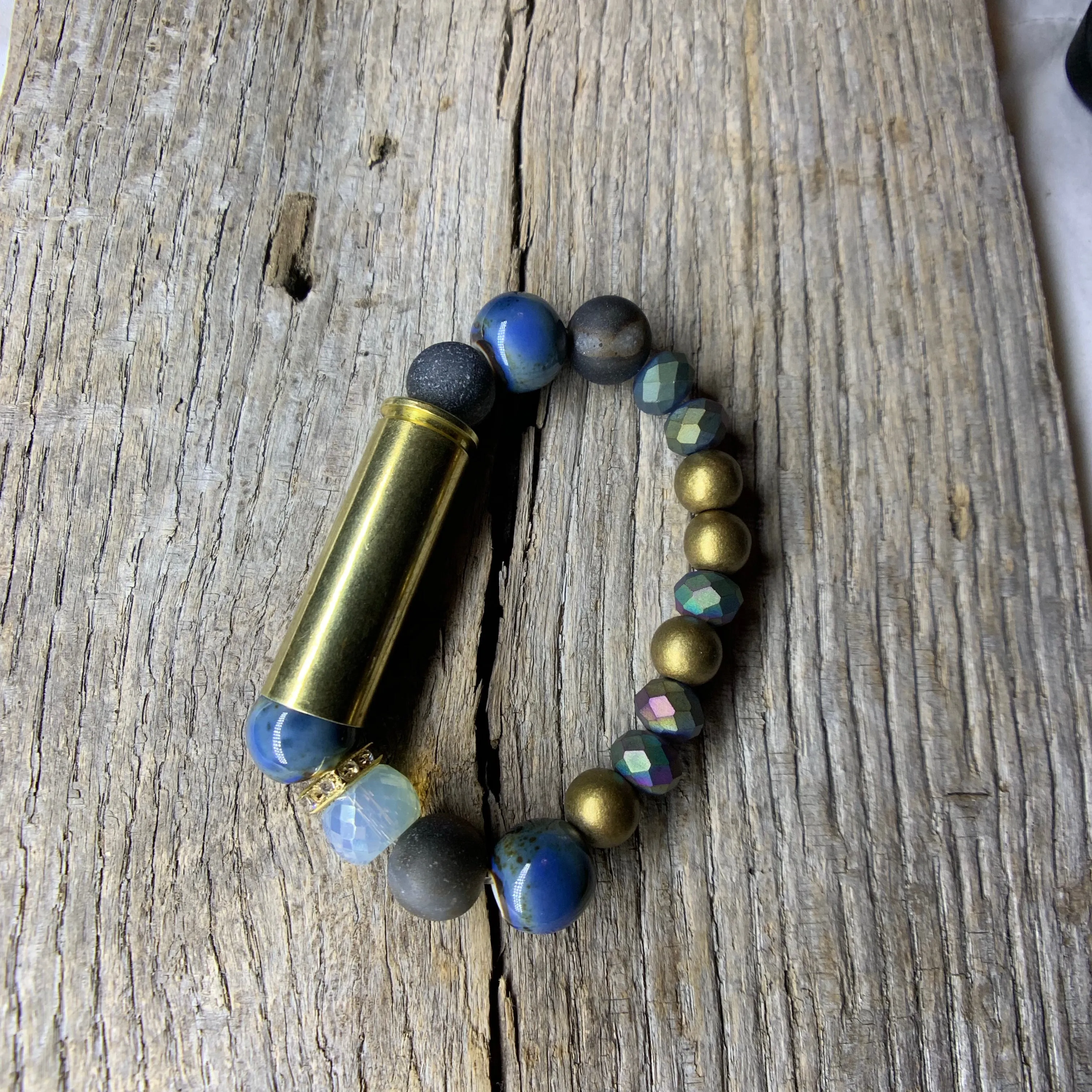 Vintage Brass Bullet Casing & Agate & Stone Beaded Bracelet