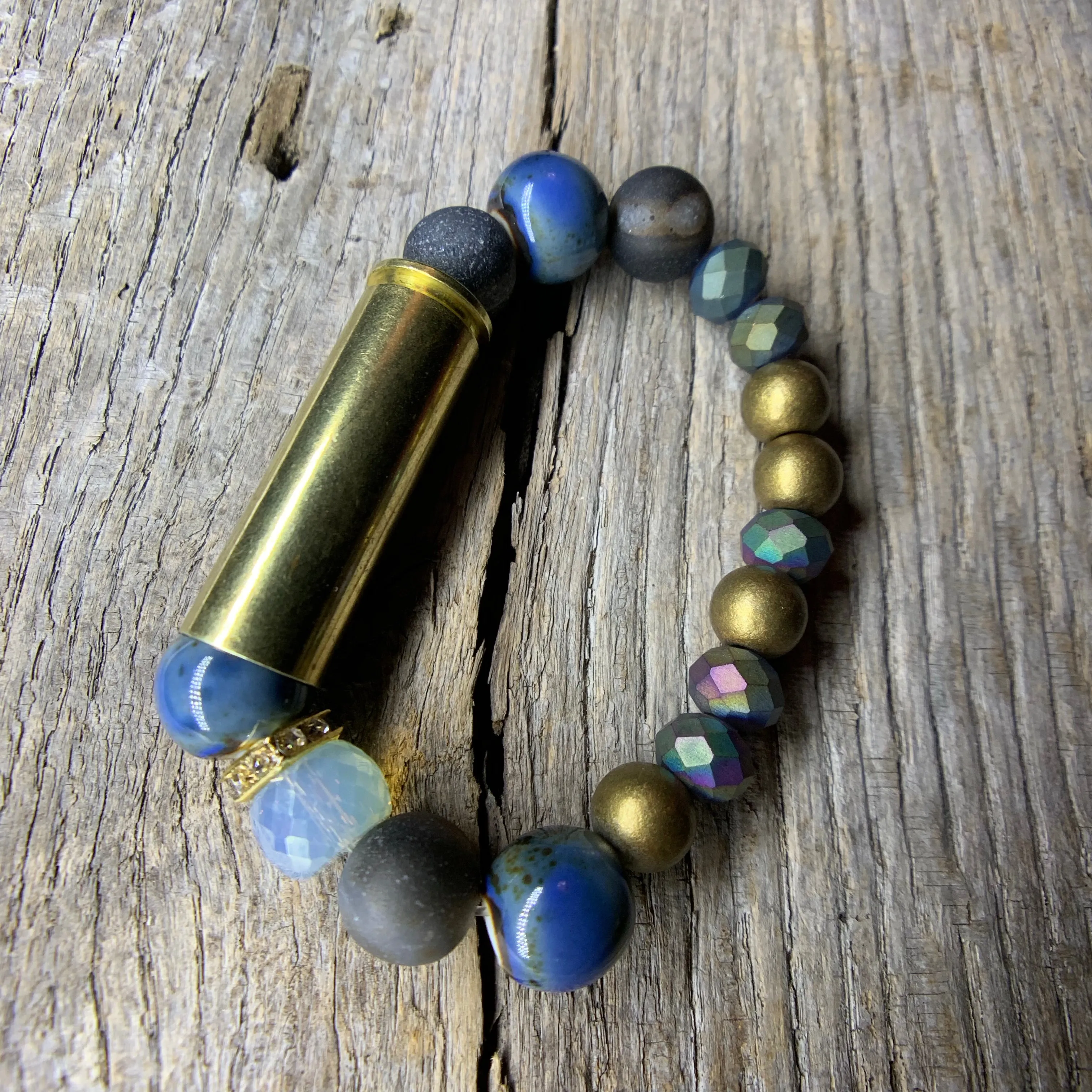 Vintage Brass Bullet Casing & Agate & Stone Beaded Bracelet