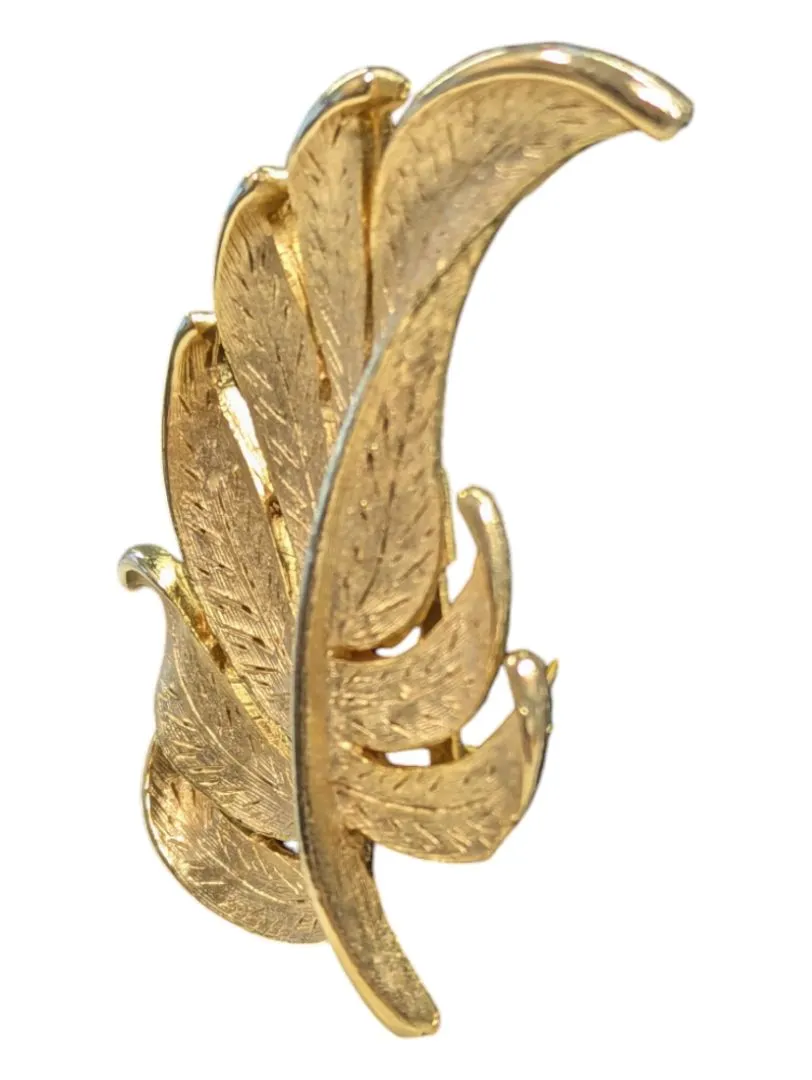 Vintage Brooch w Ear Clips 1950s Gold Tone Leaf