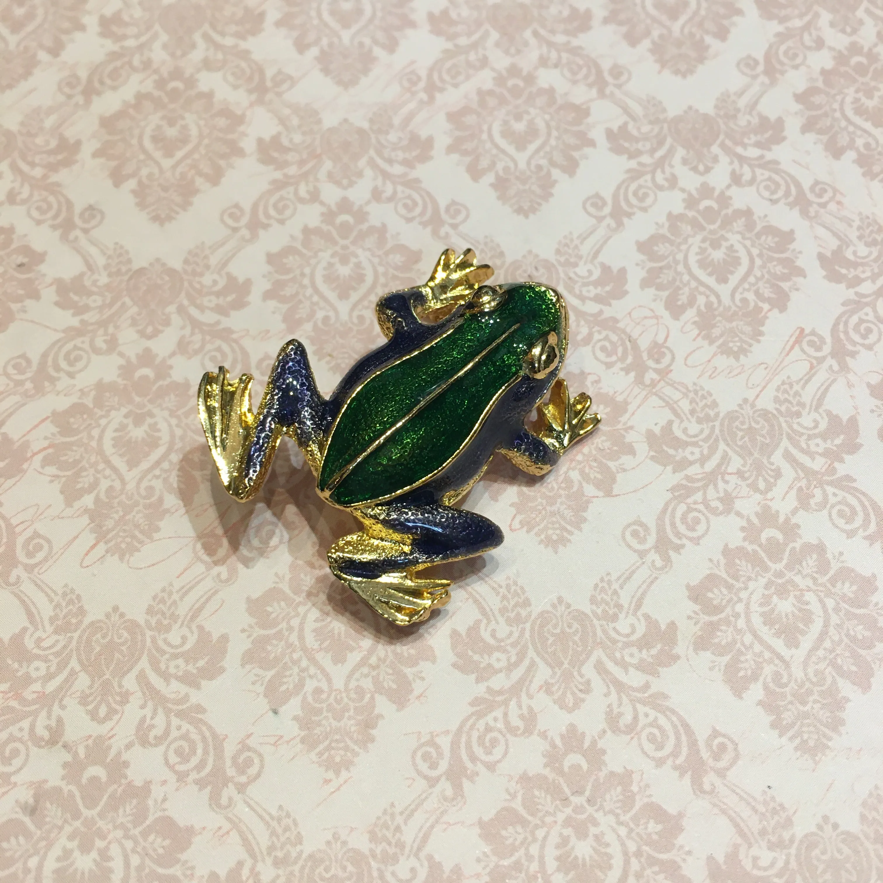 Vintage Frog Brooch Green Blue Enamel Gold