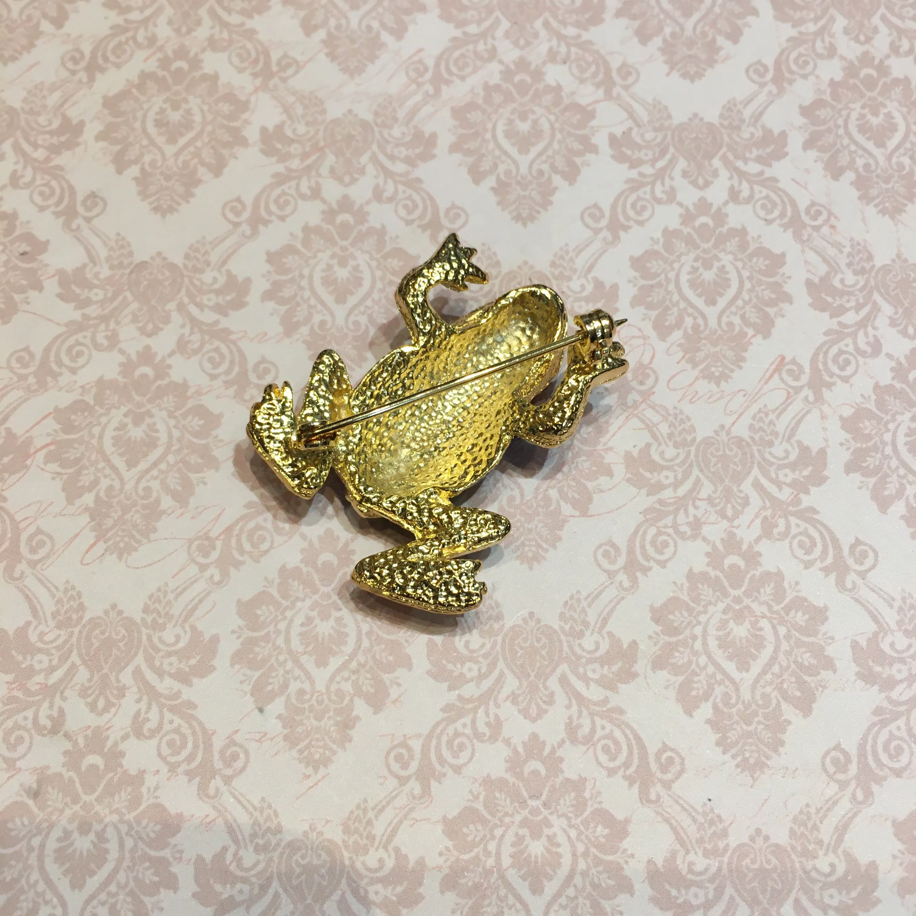 Vintage Frog Brooch Green Blue Enamel Gold