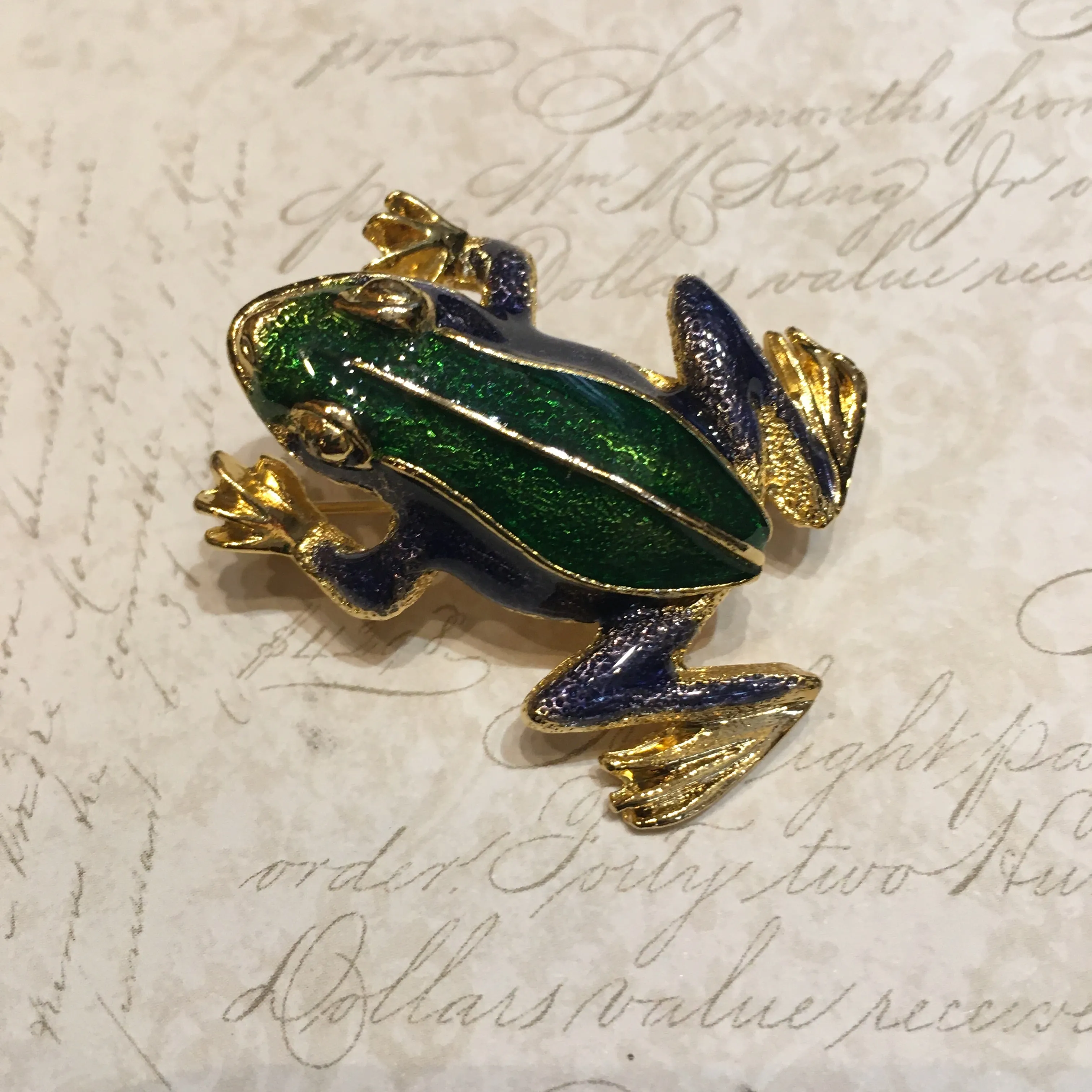 Vintage Frog Brooch Green Blue Enamel Gold