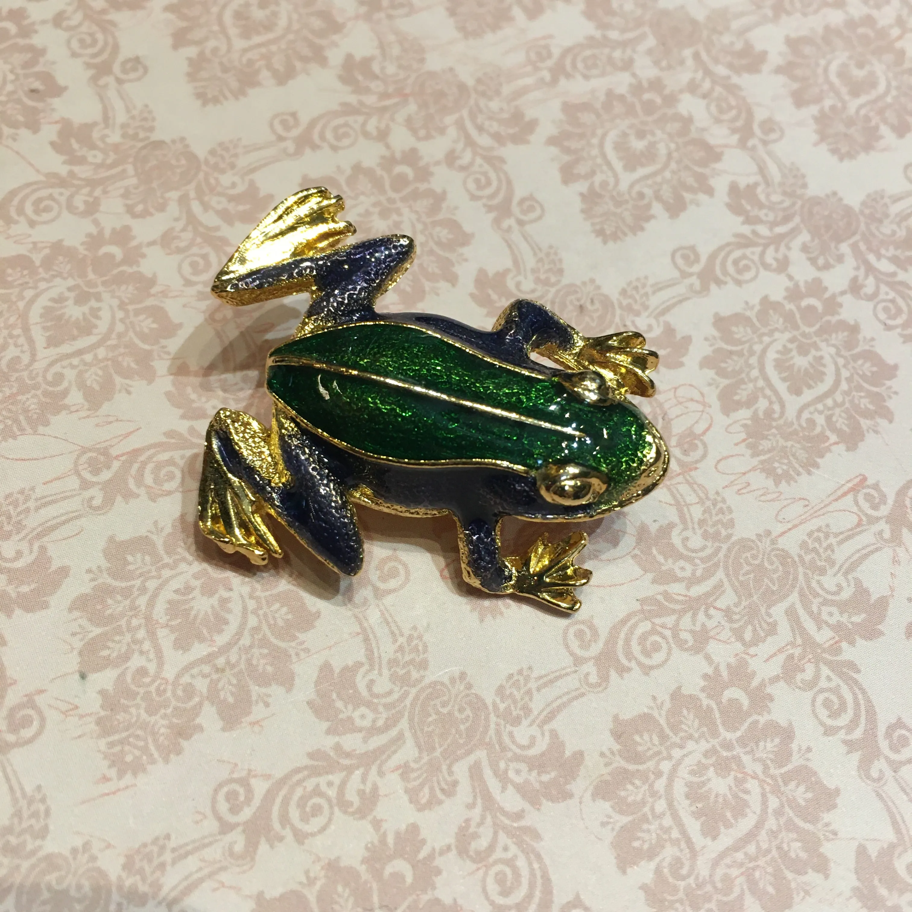 Vintage Frog Brooch Green Blue Enamel Gold