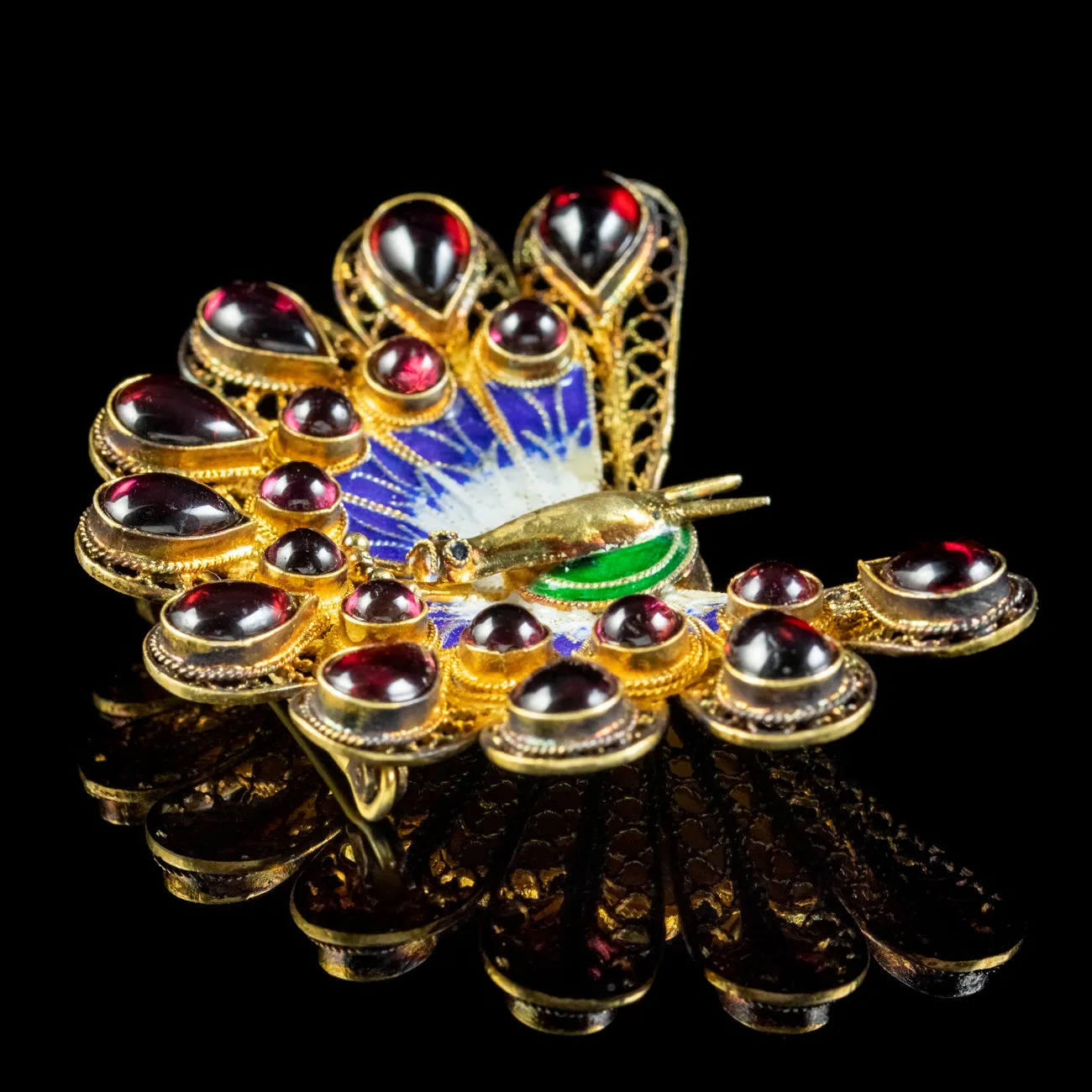 Vintage Garnet Peacock Brooch Sterling Silver Gold Gilt Circa 1950