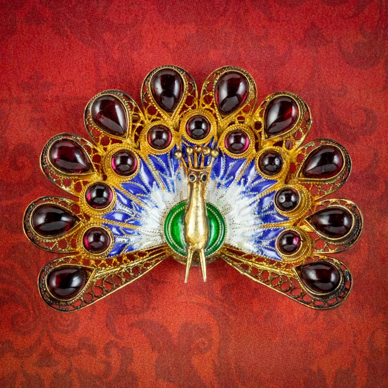 Vintage Garnet Peacock Brooch Sterling Silver Gold Gilt Circa 1950