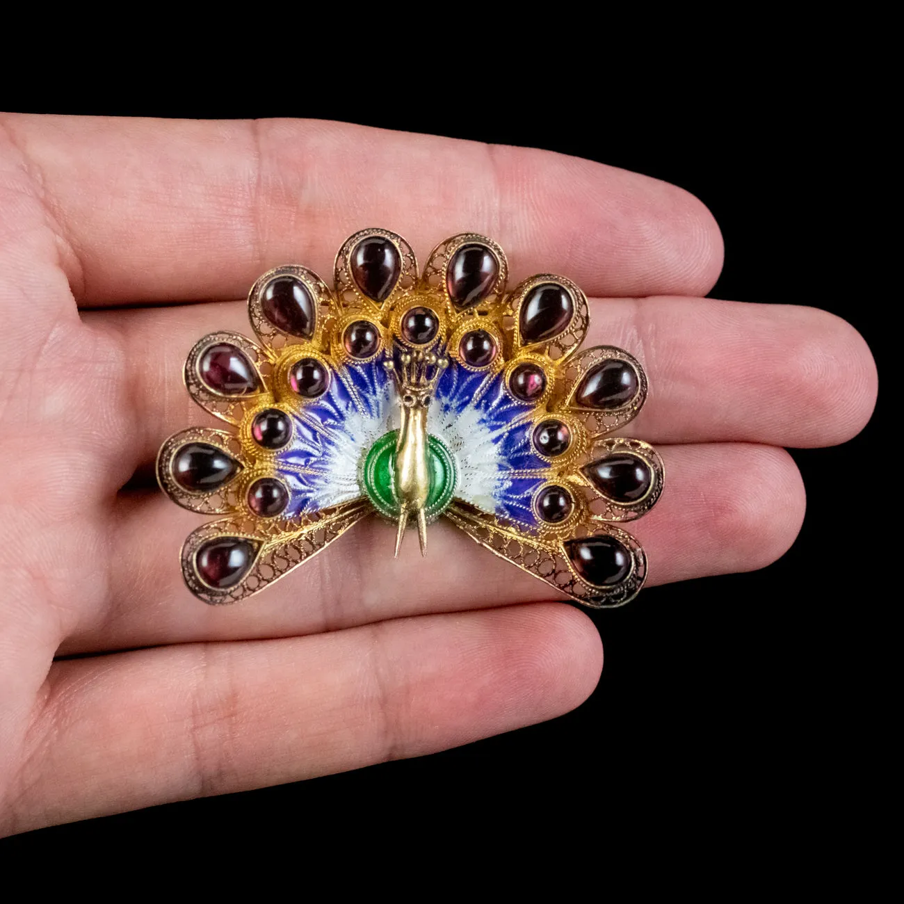 Vintage Garnet Peacock Brooch Sterling Silver Gold Gilt Circa 1950