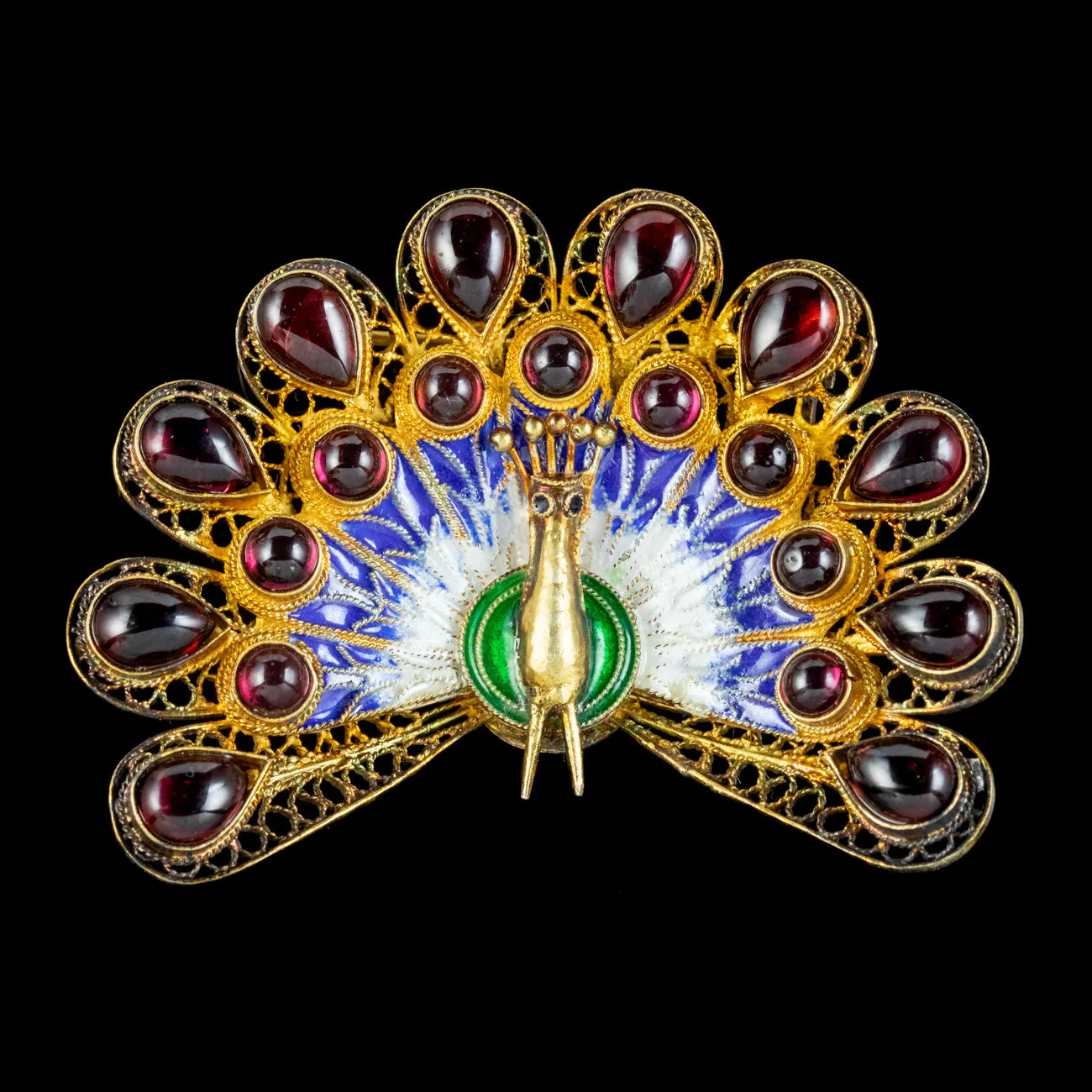 Vintage Garnet Peacock Brooch Sterling Silver Gold Gilt Circa 1950