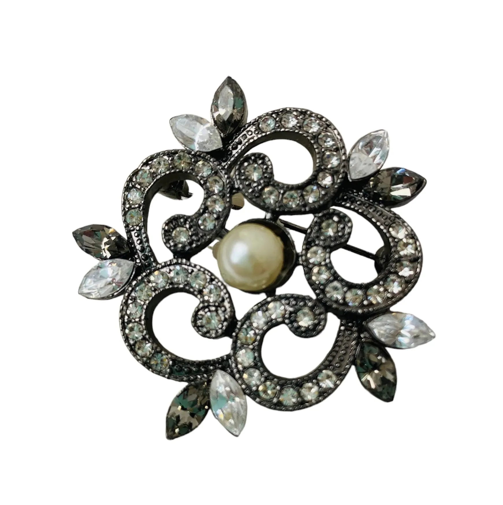 Vintage Pearl And Rhinestone Brooch Set In Pewter Tone