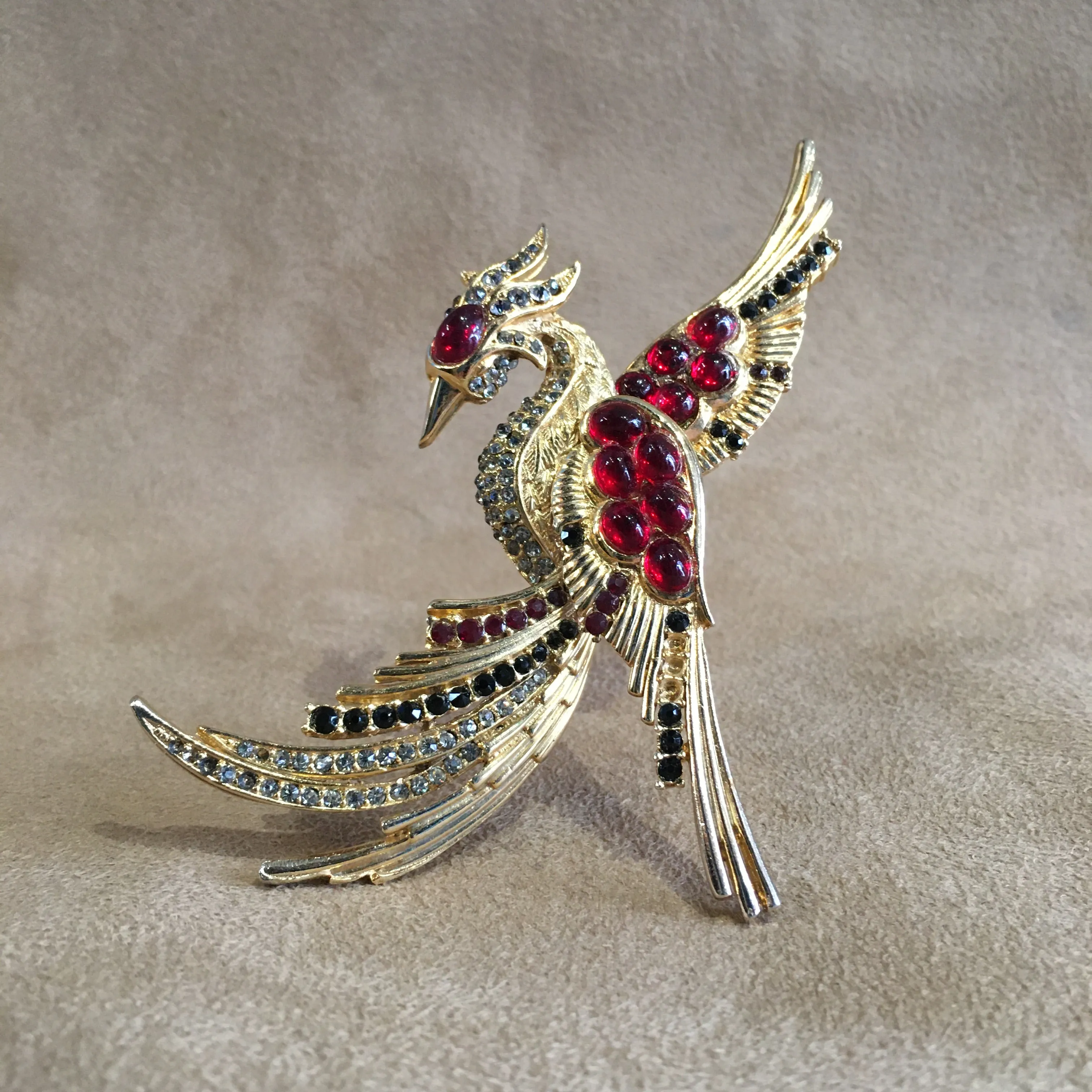 Vintage Red Black crystal Pheonix Brooch