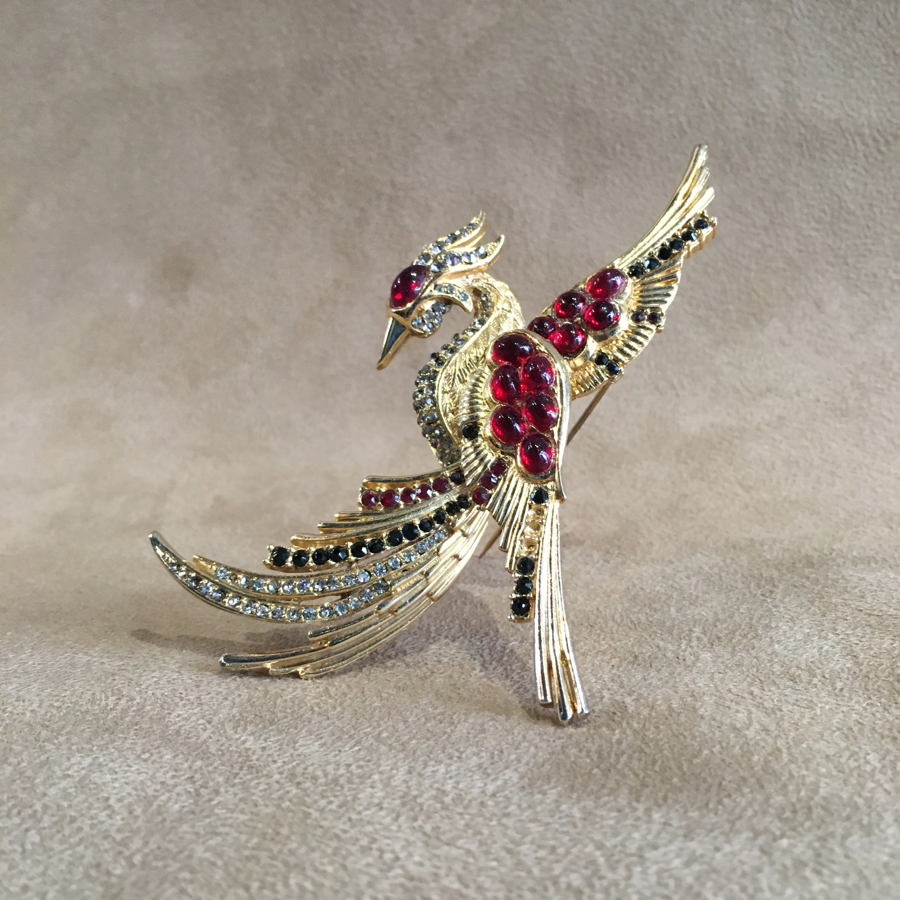 Vintage Red Black crystal Pheonix Brooch