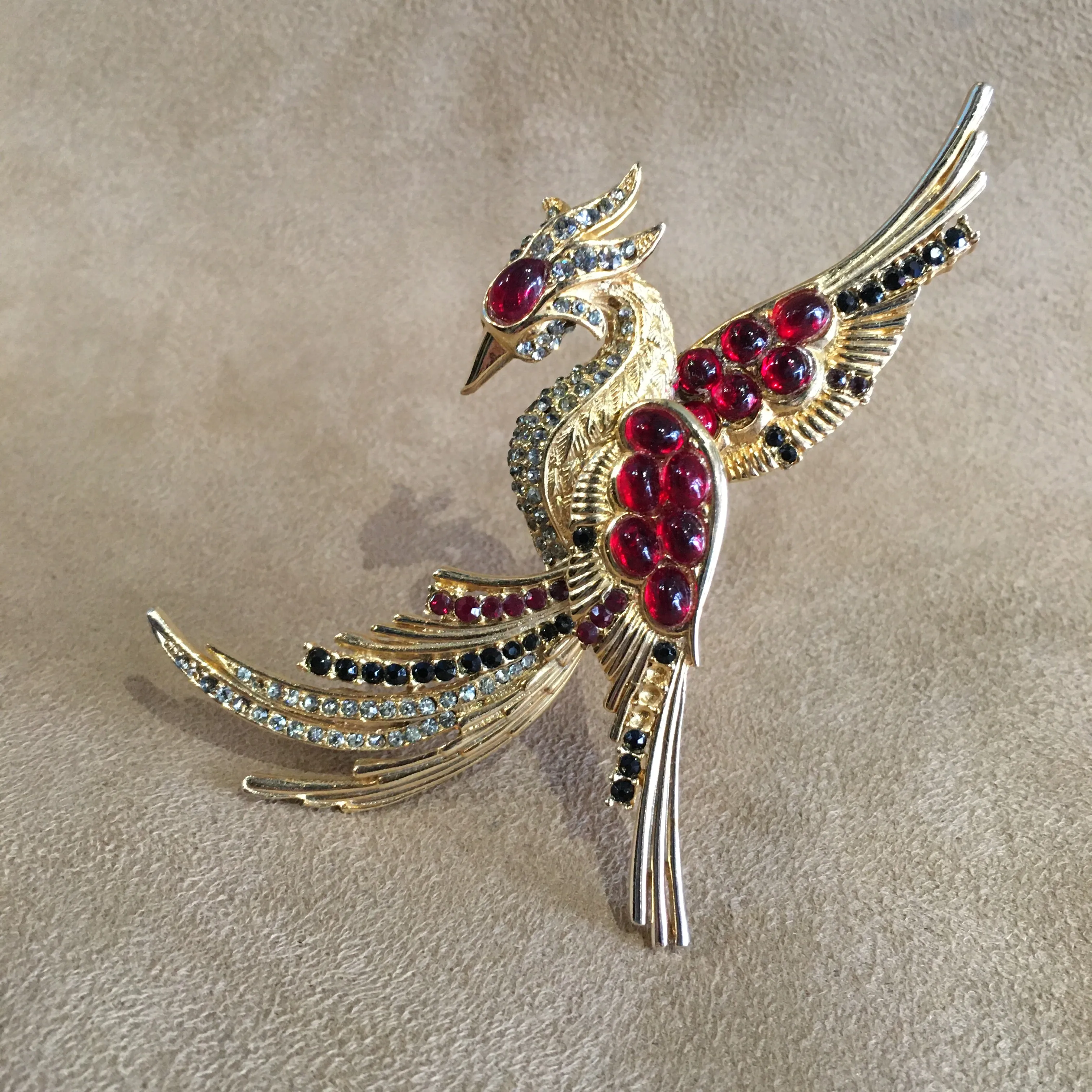 Vintage Red Black crystal Pheonix Brooch