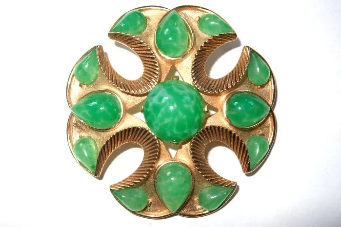 Vintage Trifari Brooch Jewels Of India Jade Green Glass 1965