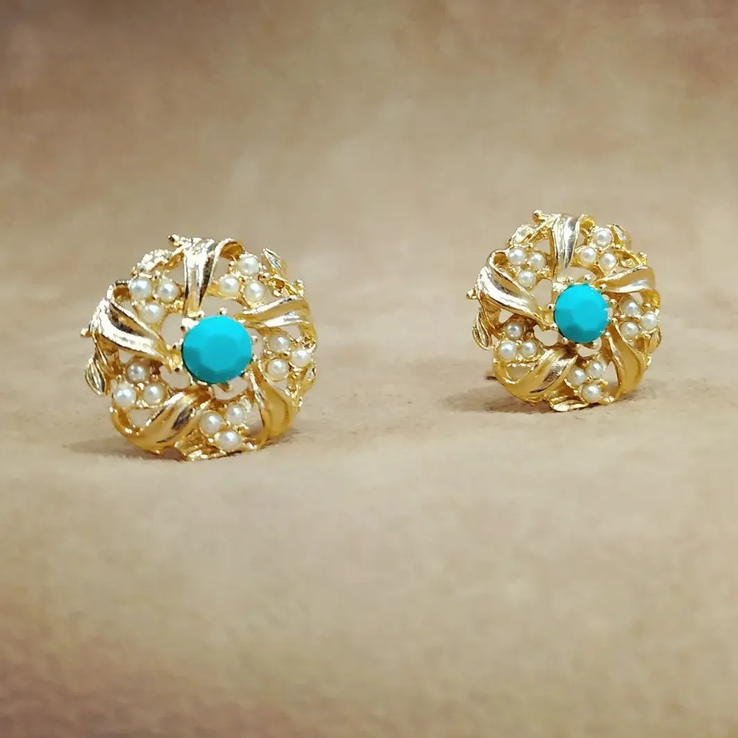 Vintage turquoise pearl floral swirly clip on earrings