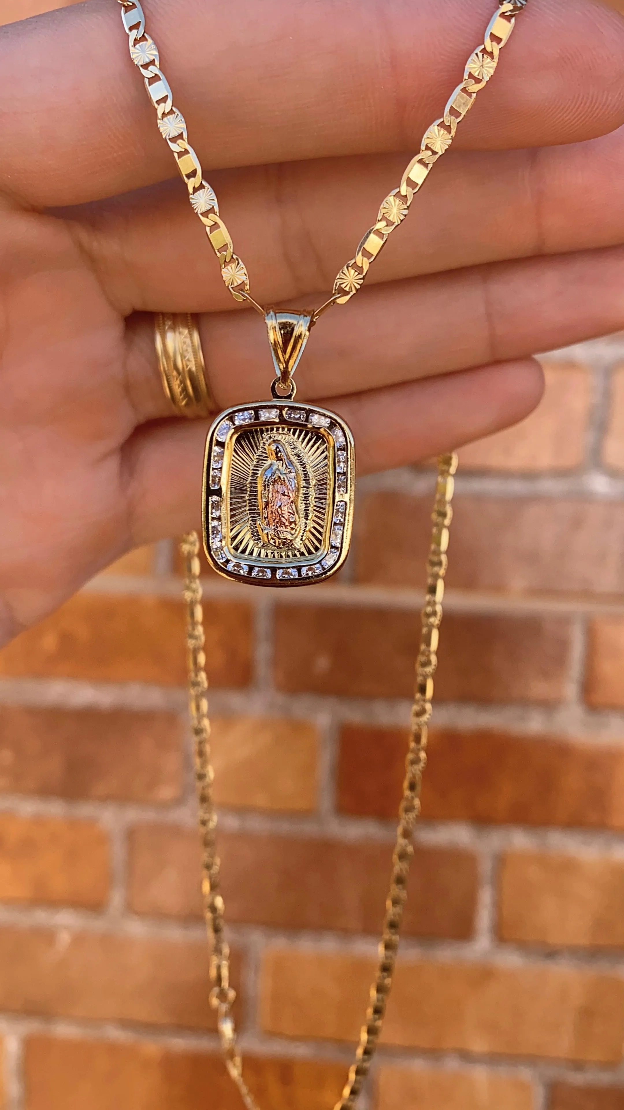 Virgencita de Guadalupe Necklace Figaro Chain Pendant 14K GF Gifts Religious Jewelry Fashion For Womens