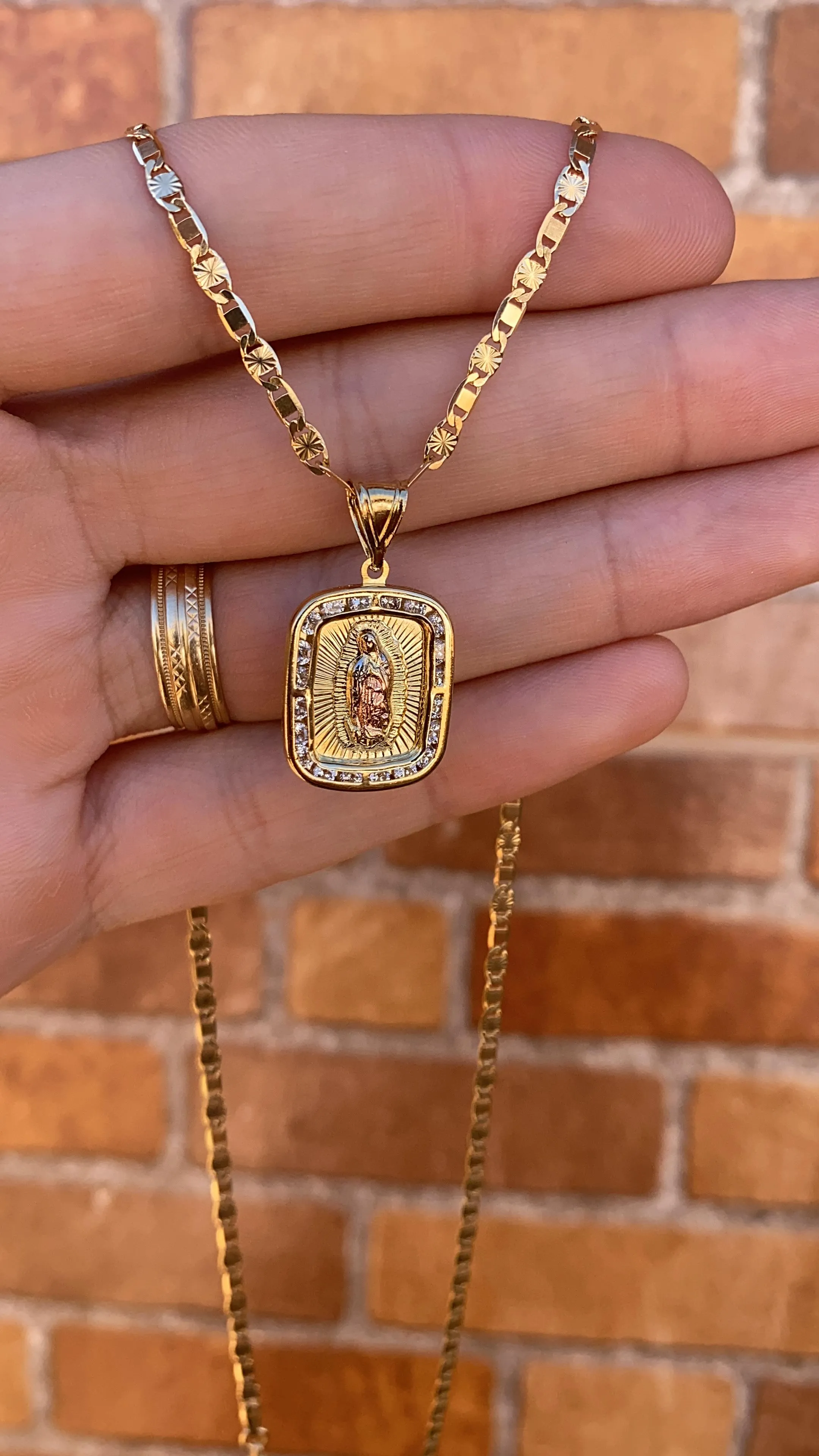 Virgencita de Guadalupe Necklace Figaro Chain Pendant 14K GF Gifts Religious Jewelry Fashion For Womens