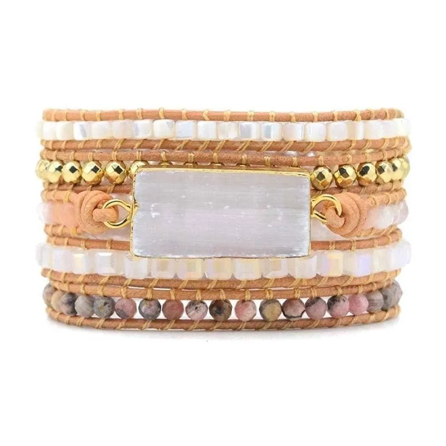 White Selenite & Rhodochrosite Wrap Bracelet by Free Spirit