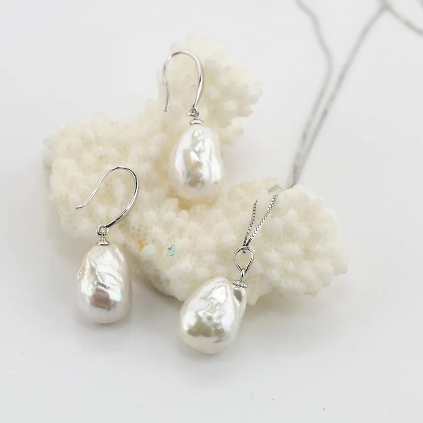 Women's Elegant Large Pearl Pendant Necklace and Earring Set