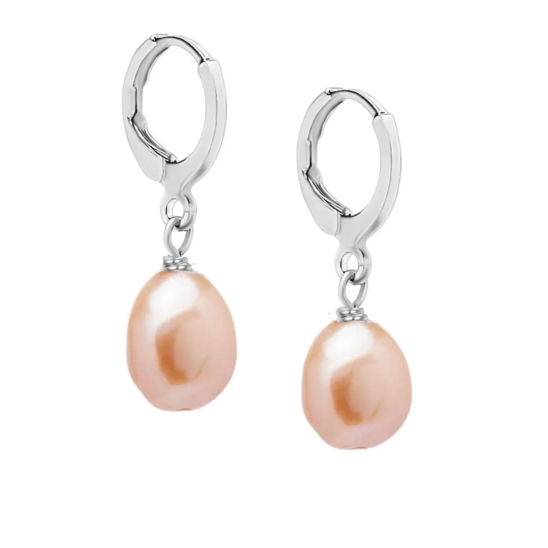 Women's Pearl Drop Hoop Earrings 9-10mm Baroque  Colour: Black | White | Grey | Pink