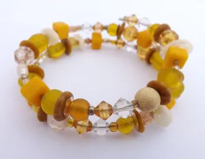 Yellow, Gold & White Beads Memory Wire Bracelet